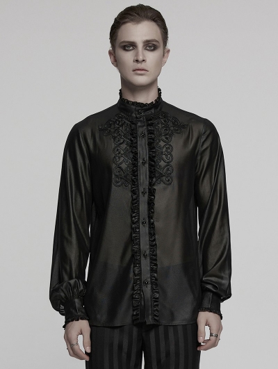 Black Vinatge Gothic Glossy Chiffon Applique Fitted Shirt for Men