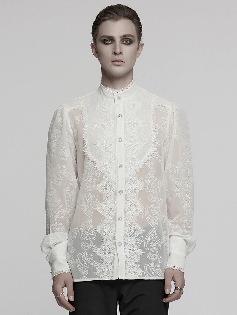 White Vintage Gothic Embroidered Chiffon Shirt for Men