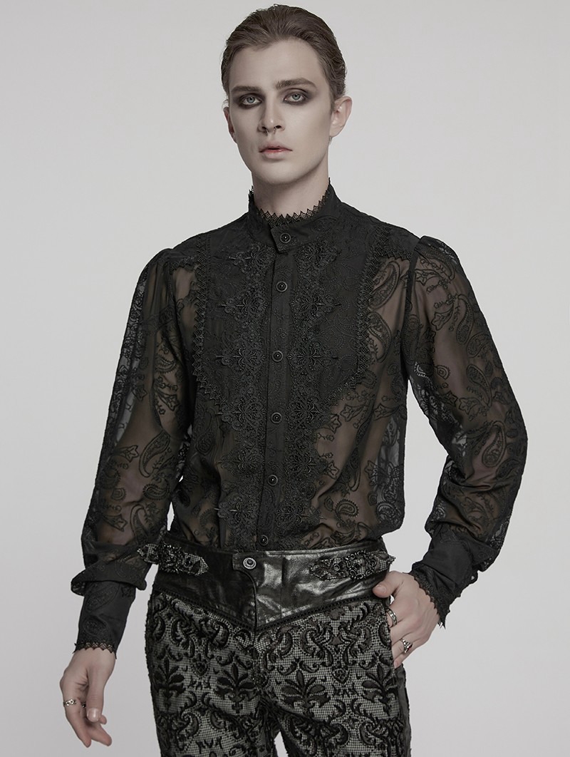 Black Vintage Gothic Embroidered Chiffon Shirt for Men