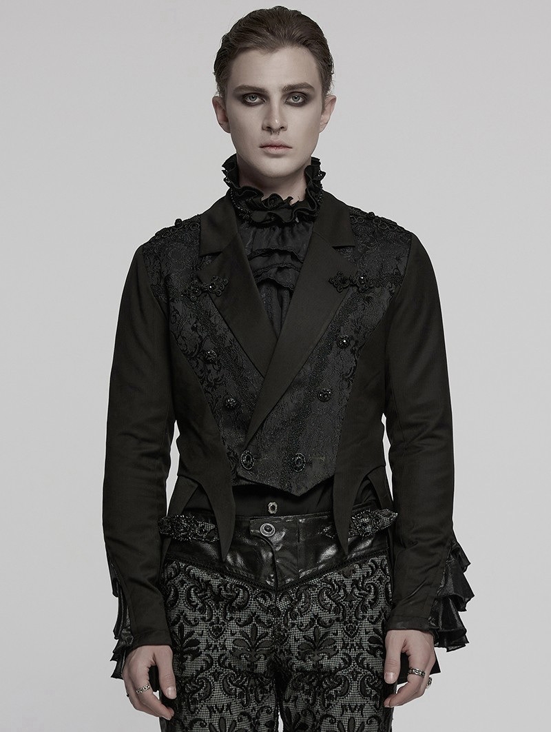 Black Retro Gothic Gorgeous Men's Double-Breasted Lapel Tailcoat