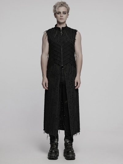 Black Gothic Punk Distressed Zipper Long Vest for Men