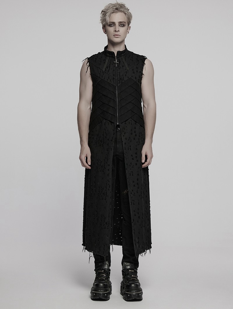 Black Gothic Punk Distressed Zipper Long Vest for Men