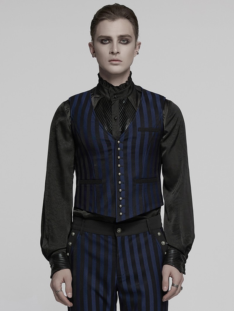 Black and Blue Retro Gothic Steampunk Striped Vest for Men