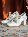 White Victorian Leather Block Heel Lace-Up Oxford Shoes