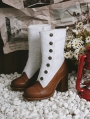 Brown and White Embroidered Leather High Heel Victorian Boots