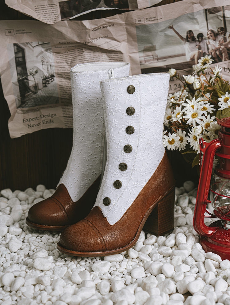 Brown and White Embroidered Leather High Heel Victorian Boots