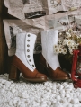 Brown and White Embroidered Leather High Heel Victorian Boots