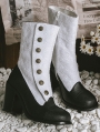 Black and White Embroidered Leather High Heel Victorian Boots