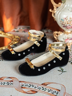 Black Velvet Studded Gothic Victorian Flat Shoes
