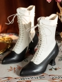 White and Black Victorian Lolita Side Zip Lace-Up Boots