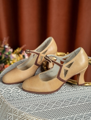 Brown Retro Buckle Strap Cutout Leather Mary Jane Heels
