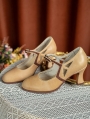 Brown Retro Buckle Strap Cutout Leather Mary Jane Heels
