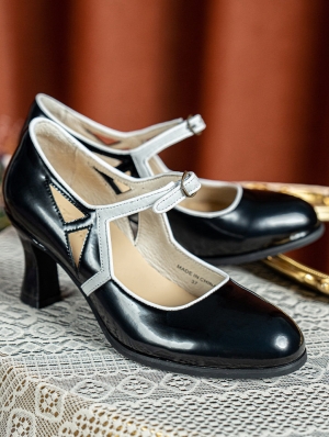 Black Retro Buckle Strap Cutout Leather Mary Jane Heels