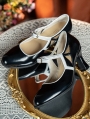 Black Retro Buckle Strap Cutout Leather Mary Jane Heels