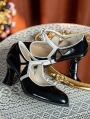 Black Retro Buckle Strap Cutout Leather Mary Jane Heels