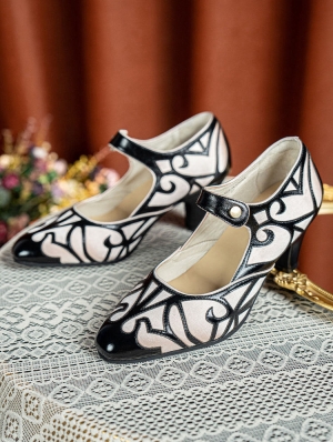 Black Vintage Patterned High Heeled Leather Victorian Shoes