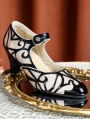 Black Vintage Patterned High Heeled Leather Victorian Shoes