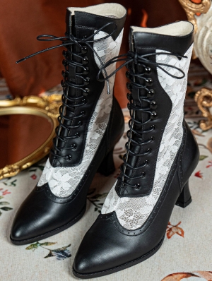 Black and White Gothic Lace Splicing Victorian Leather Boots