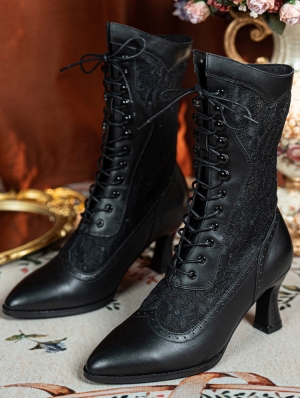 Black Gothic Lace Splicing Victorian Leather Boots