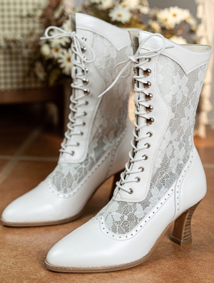 White Gothic Lace Splicing Victorian Leather Boots