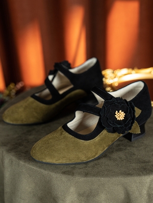 Green Velvet Floral Low Heel Victorian Leather Shoes