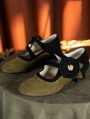 Green Velvet Floral Low Heel Victorian Leather Shoes