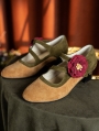 Yellow Velvet Floral Low Heel Victorian Leather Shoes
