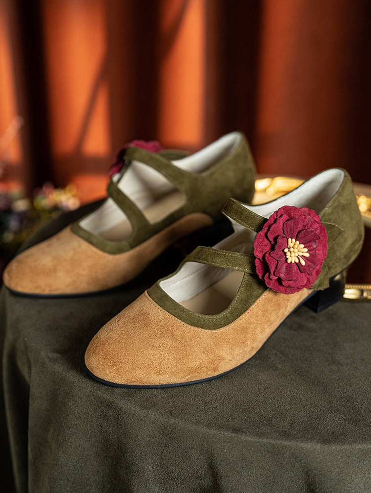Yellow Velvet Floral Low Heel Victorian Leather Shoes