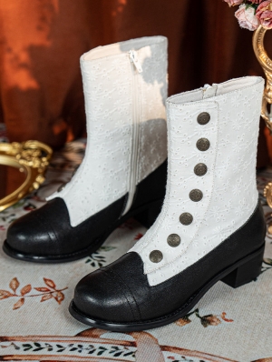Black and White Embroidered Leather Low Heel Victorian Boots