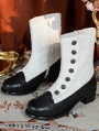 Black and White Embroidered Leather Low Heel Victorian Boots