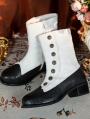 Black and White Embroidered Leather Low Heel Victorian Boots