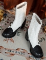 Black and White Embroidered Leather Low Heel Victorian Boots