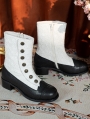 Black and White Embroidered Leather Low Heel Victorian Boots