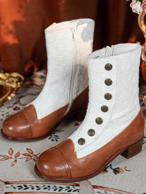 Brown and White Embroidered Leather Low Heel Victorian Boots