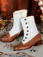 Brown and White Embroidered Leather Low Heel Victorian Boots