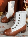 Brown and White Embroidered Leather Low Heel Victorian Boots