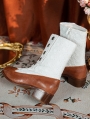 Brown and White Embroidered Leather Low Heel Victorian Boots