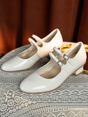 White Double Buckle Strap Mary Jane Leather Shoes