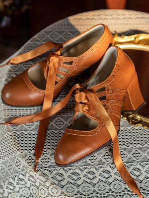Brwon Leather Vintage Mary Jane Heels with Ribbon Tie