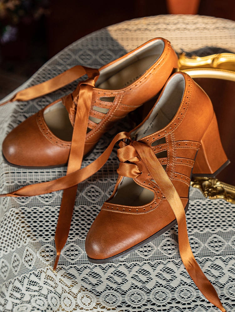 Brwon Leather Vintage Mary Jane Heels with Ribbon Tie