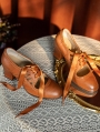 Brwon Leather Vintage Mary Jane Heels with Ribbon Tie