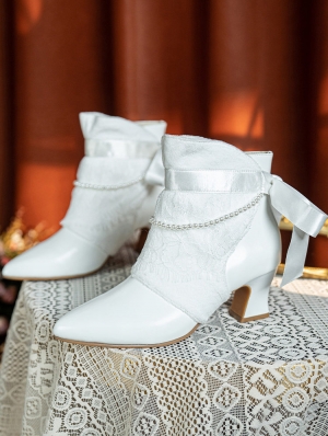 White Lace Overly Beaded Leather Victorian Ankle Boots