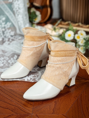 Gold Lace Overly Beaded Leather Victorian Ankle Boots