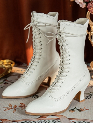 White Gothic Victorian Lace-Up Leather Mid-Calf Boots