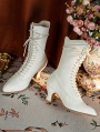 White Gothic Victorian Lace-Up Leather Mid-Calf Boots