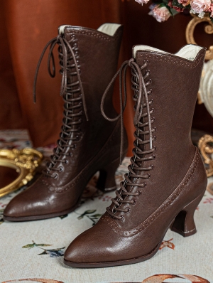 Brown Gothic Victorian Lace-Up Leather Mid-Calf Boots