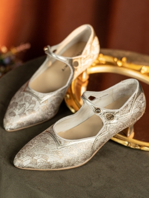 Gold Jacquard Strap Sculpted Heeled Victorian Shoes