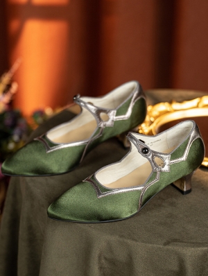 Green Satin Strap Sculpted Heeled Victorian Shoes