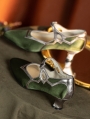 Green Satin Strap Sculpted Heeled Victorian Shoes