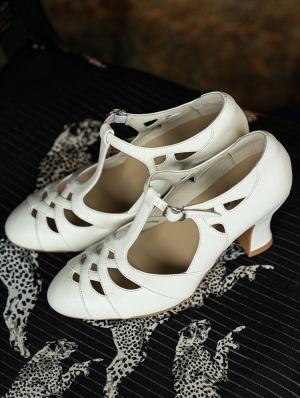 White Gothic T-Strap Cutout Victorian Satin Shoes